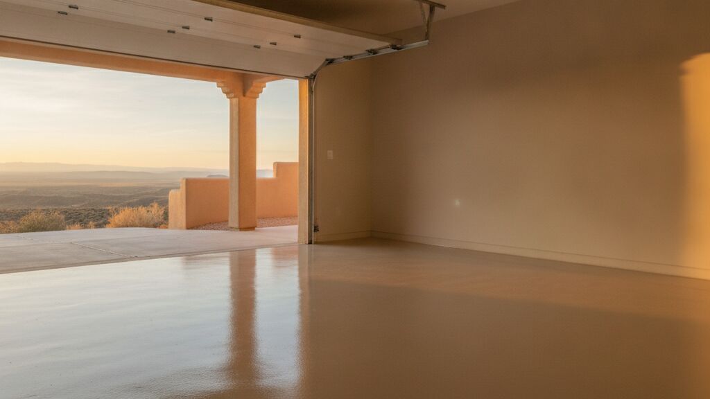 Polyurea-coated garage floor with a high-desert mesa view through the door